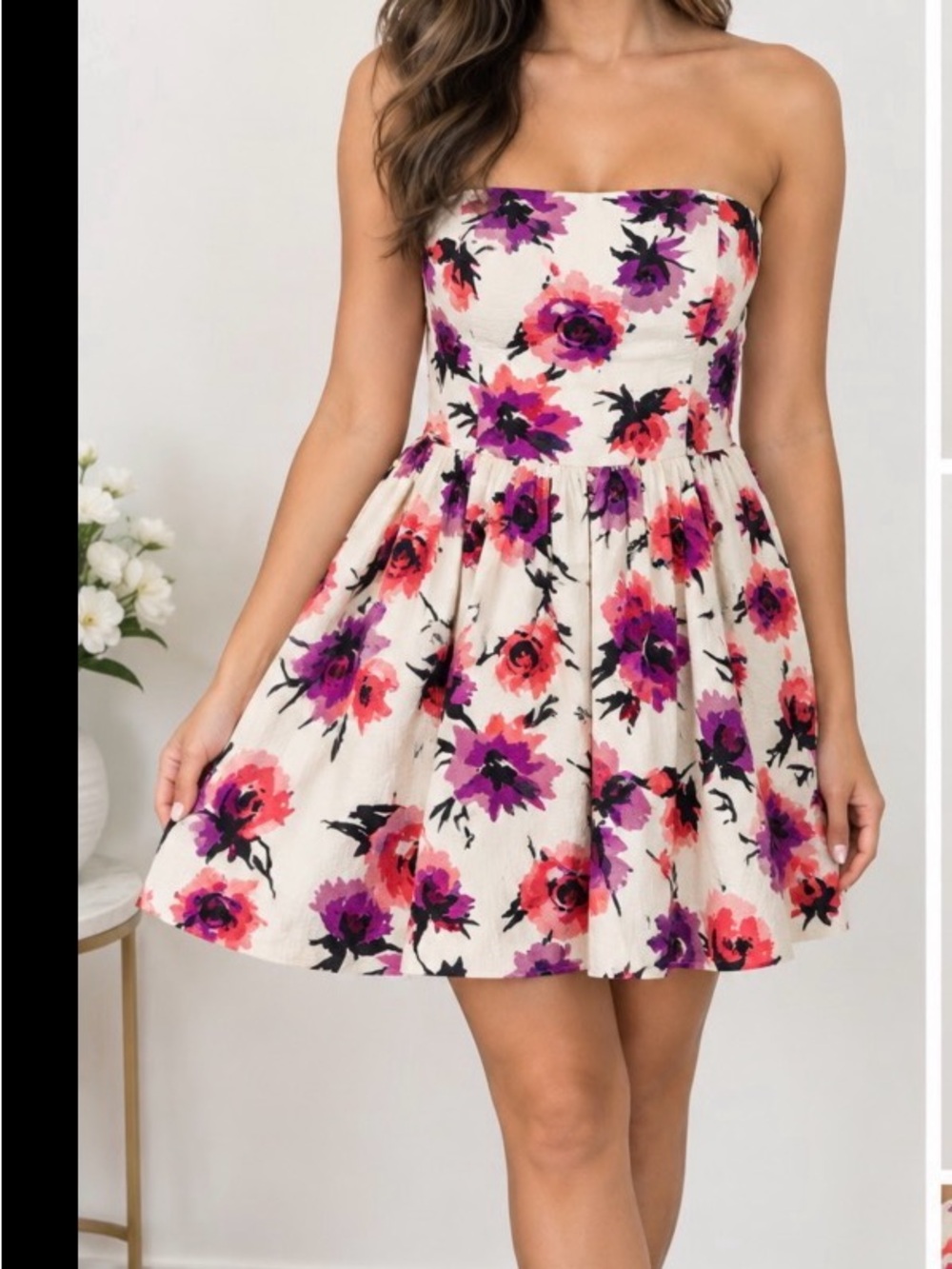 Forever 21 Strapless Floral Fit-and-Flare Dress in Cream with Pink & Purple